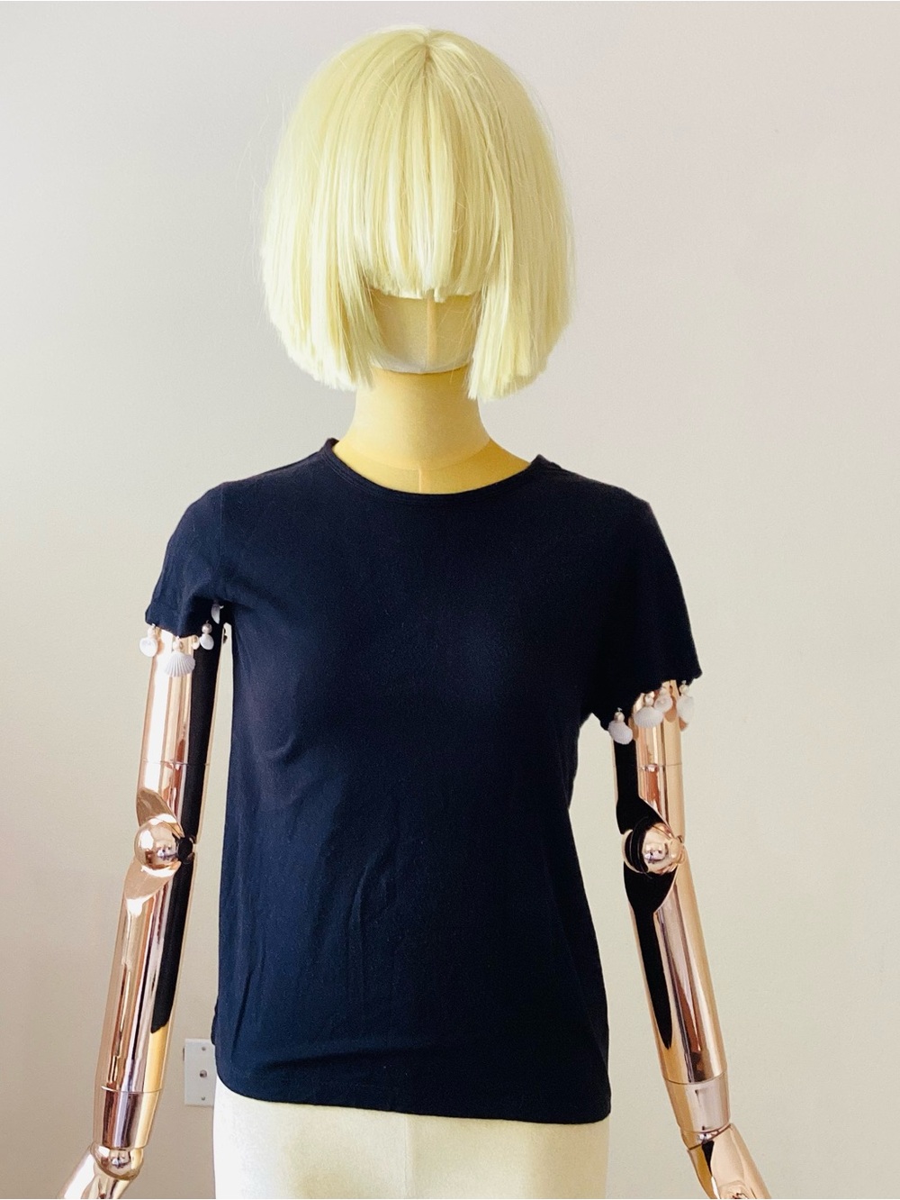 Sonia Rykiel Paris Black Short Sleeve Tee with pearls and shells Trim SZ M